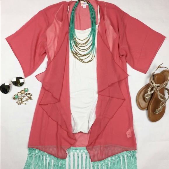 LuLaRoe Other - LulaRoe Monroe Sheer Coral Mint Kimono Cover Sz L